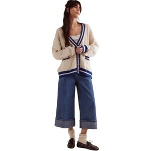 NWT We The Free People Varsity Cardigan Oversized‎ Sweater Ivory Ecru XS
